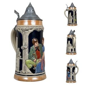 VINTAGE Antique German Beer Stein with Pewter Lid